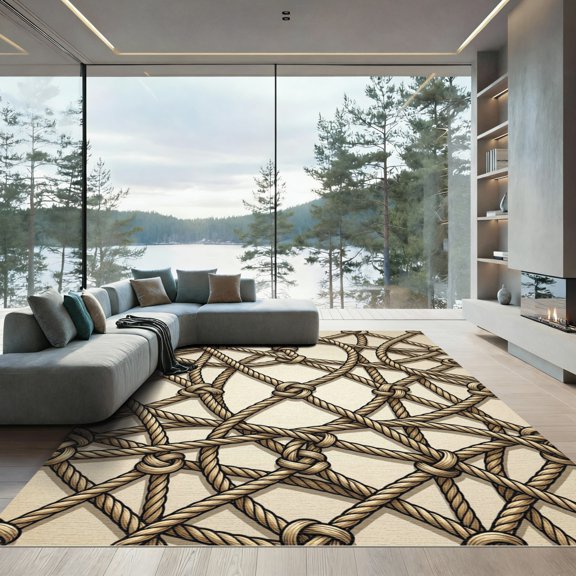ODIKA 4' x 6' Machine Washable Non-Slip Area Rug, macrame geometric High Traffic Rug, Beige, 944667