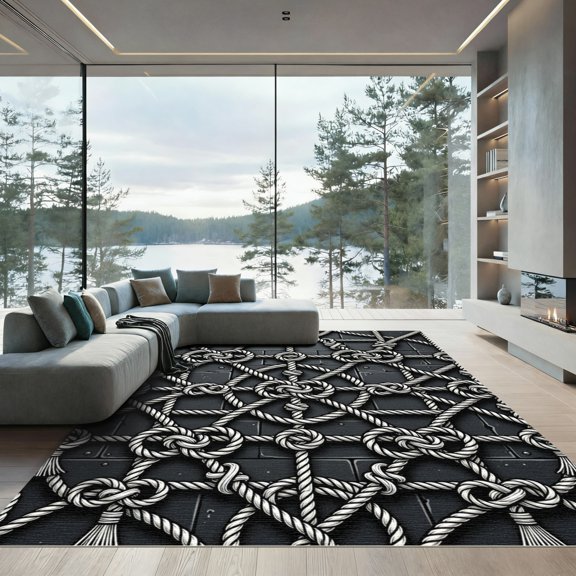 ODIKA 4' x 6' Machine Washable Non-Slip Area Rug, macrame geometric High Traffic Rug, Black, 1248518