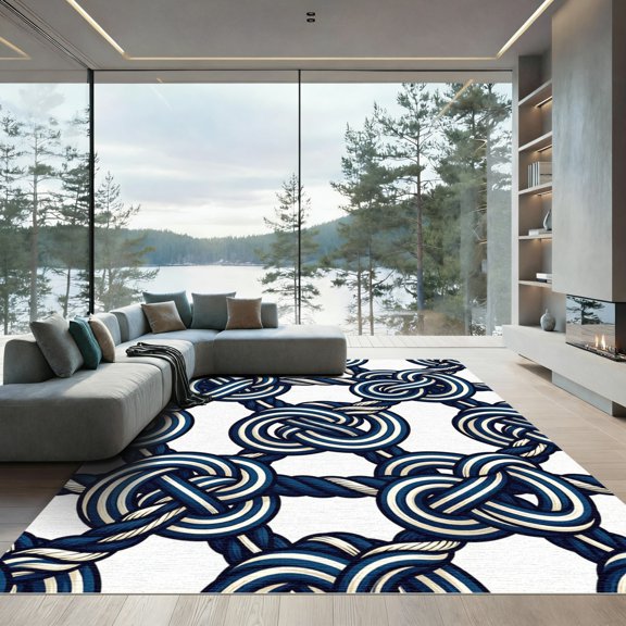 ODIKA 4' x 6' Machine Washable Non-Slip Area Rug, macrame geometric High Traffic Rug, Blue, 1175952