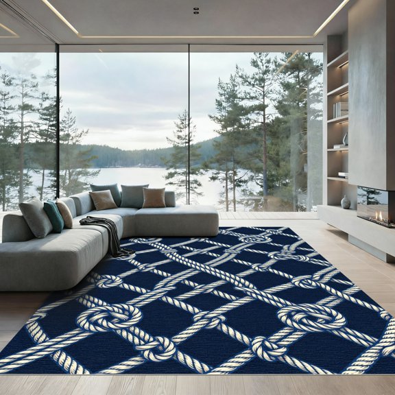 ODIKA 4' x 6' Machine Washable Non-Slip Area Rug, macrame geometric High Traffic Rug, Blue, 1253207