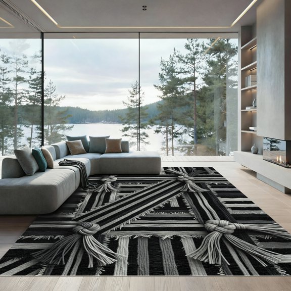 ODIKA 4' x 6' Machine Washable Non-Slip Area Rug, macrame striped High Traffic Rug, Gray, 1109570