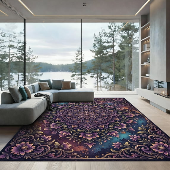 ODIKA 4' x 6' Machine Washable Non-Slip Area Rug, oriental floral High Traffic Rug, Purple, 1006284