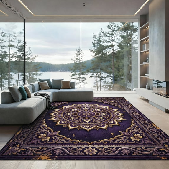 ODIKA 4' x 6' Machine Washable Non-Slip Area Rug, oriental floral High Traffic Rug, Purple, 1133616