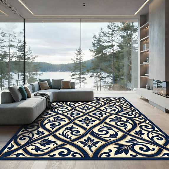 ODIKA 4' x 6' Machine Washable Non-Slip Area Rug, oriental geometric High Traffic Rug, Blue, 1001535