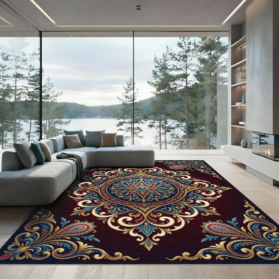 ODIKA 4' x 6' Machine Washable Non-Slip Area Rug, oriental paisley High Traffic Rug, Red, 1136375