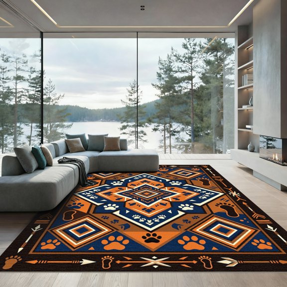 ODIKA 4' x 6' Machine Washable Non-Slip Area Rug, southwestern geometric High Traffic Rug, Blue, 1182913