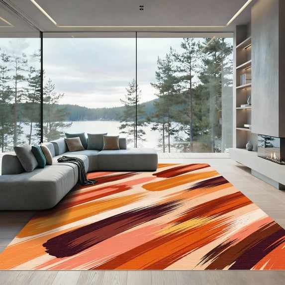 ODIKA 4' x 6' Machine Washable Non-Slip Area Rug, watercolor print High Traffic Rug, Orange, 973570