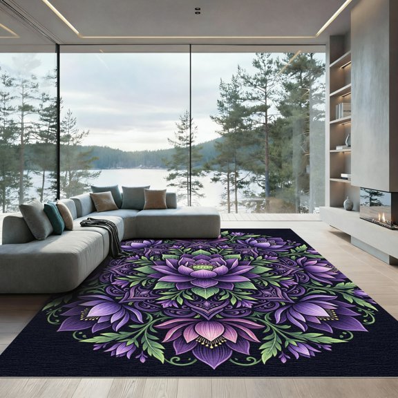 ODIKA 4' x 6' Machine Washable Non-Slip Area Rug, zen floral High Traffic Rug, Purple, 1000201