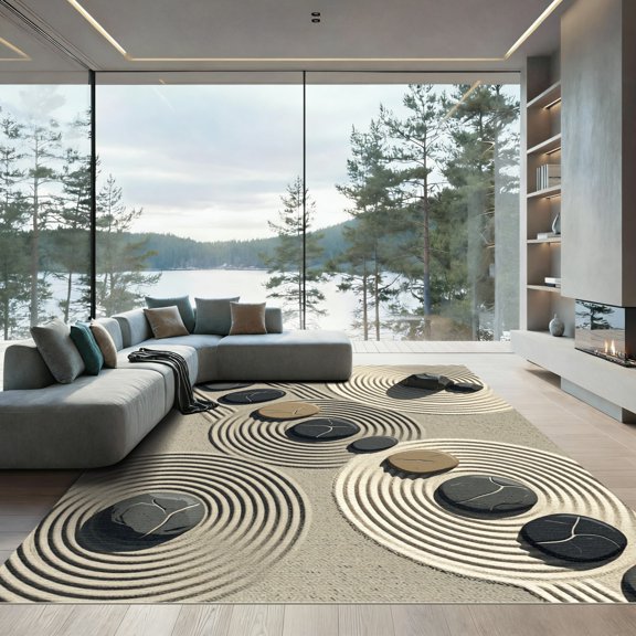 ODIKA 4' x 6' Machine Washable Non-Slip Area Rug, zen geometric High Traffic Rug, Beige, 1187314