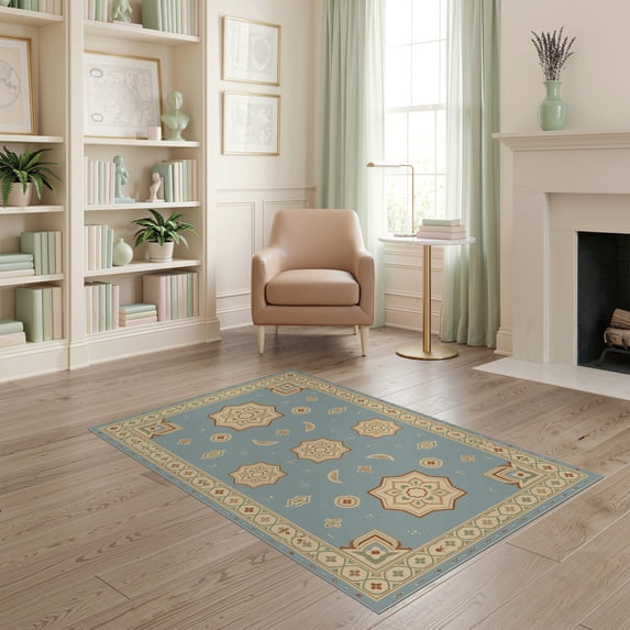 ODIKA 4'x6' Beige Blue Slate Motif Washable Area Rug Intricate Geometric Floral Design Pet Friendly, Non-Shedding for Bedroom, Reading Nook