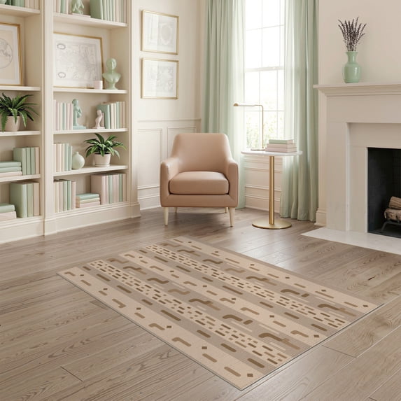 ODIKA 4'x6' Beige Brown Abstract Design Washable Area Rug Modern Geometric Stripes with Camel Accents Pet Friendly, Non-Shedding for Bedroom, Reading Nook
