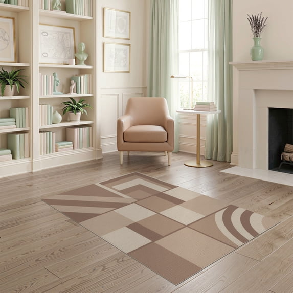ODIKA 4'x6' Beige Brown Geometric Venn Flatwoven Washable Area Rug Contemporary Abstract Grid Layout With Overlapping Curved for Bedroom, Reading Nook, Pet Friendly & Non-Shedding