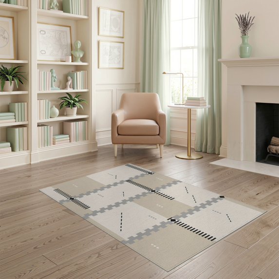 ODIKA 4'x6' Beige Charcoal Geometric Grid Pattern Washable Area Rug Contemporary Southwestern Style Cross Motif Block Pet Friendly, Non-Shedding for Bedroom, Reading Nook