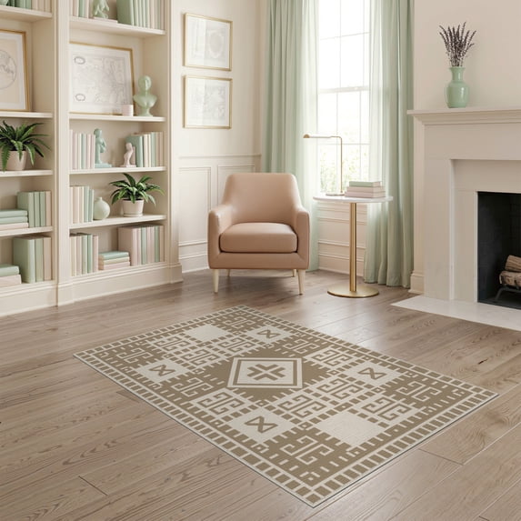 ODIKA 4'x6' Beige Cream Geometric Symbolic Design Washable Area Rug Intricate Patterns with Modern Flair for Home Office, Under Desk, Non-Slip Chair-Friendly, Flatwoven