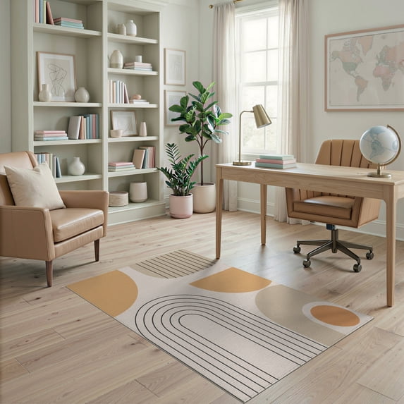 ODIKA 4'x6' Beige Geometric Abstract Design Washable Area Rug Modern Minimalist Shapes with Arches and Lines Non-Slip, Chair-Friendly, Flatwoven for Home Office, Under Desk