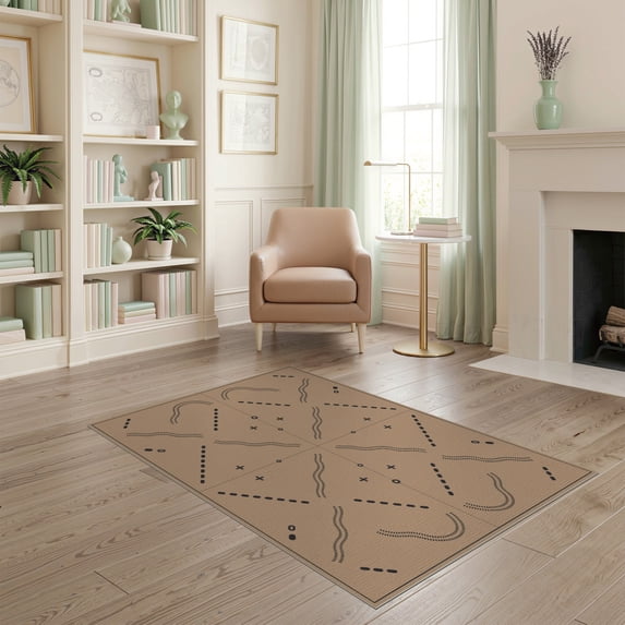 ODIKA 4'x6' Beige Geometric Halyard Natural Washable Area Rug Modern Abstract Design With Dynamic And Dotted Non-Slip, Chair-Friendly, Flatwoven for Home Office, Under Desk