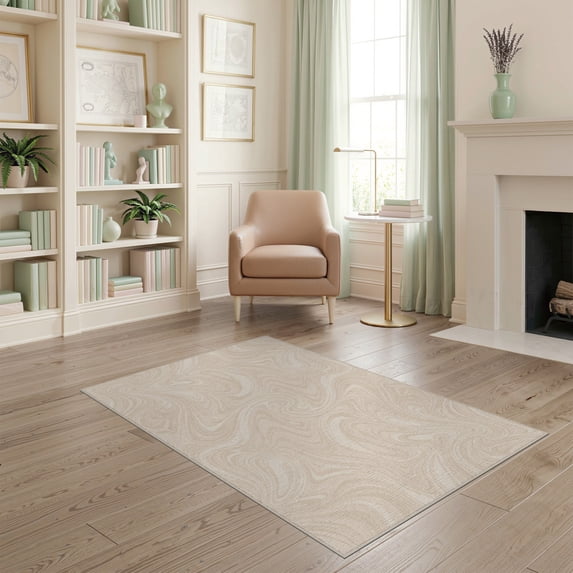 ODIKA 4'x6' Beige Geometric Oatmeal Cream Flowing Motif Sala Tan Neutral Washable Area Rug None Non-Slip, Chair-Friendly, Flatwoven for Home Office, Under Desk