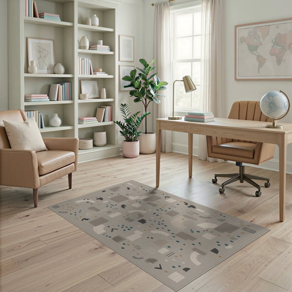 ODIKA 4'x6' Beige Gray Geometric Abstract Design Washable Area Rug Modern Art Inspired Pattern for Home Office, Under Desk, Non-Slip Chair-Friendly, Flatwoven