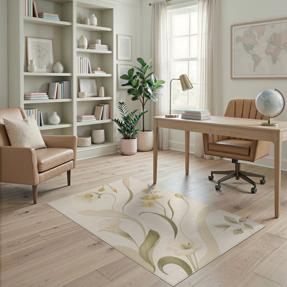 ODIKA 4'x6' Beige Green Elegance with Delicate Floral Washable Area Rug Graceful Nature-Inspired Design for Modern Homes for Home Office, Under Desk, Non-Slip Chair-Friendly, Flatwoven