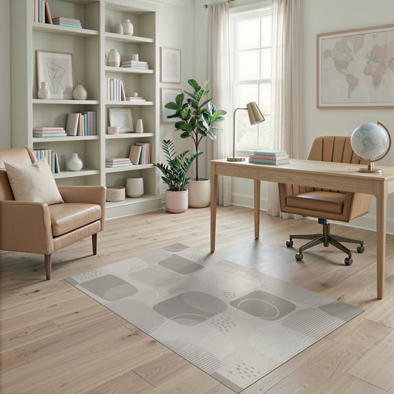 ODIKA 4'x6' Beige Grey Modern Geometric Abstract Washable Area Rug Contemporary Minimalist Design With Rounded Rectangles for Dorm Room, Small Living Stain Resistant Low Profile, Easy Care