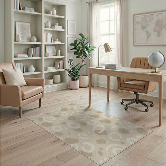 ODIKA 4'x6' Beige Latte Cream Abstract Swirl Washable Area Rug Contemporary Playful Scattered Oval Motifs With Hand Drawn Brushstroke for Bedroom, Reading Nook, Pet Friendly & Non-Shedding
