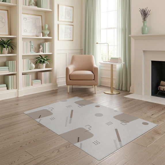ODIKA 4'x6' Beige Modern Abstract Geometric Shapes Washable Area Rug Minimalist Dotted Grid Pattern Design With Rounded Pet Friendly, Non-Shedding for Bedroom, Reading Nook