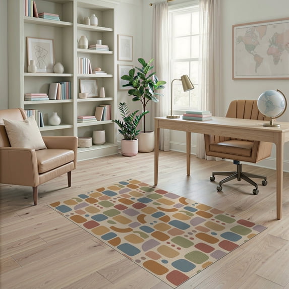 ODIKA 4'x6' Beige Multicolor Geometric Mosaic Washable Area Rug Mid Century Modern Abstract Rounded Rectangle Shapes Artistic Composition Pet Friendly, Non-Shedding for Bedroom, Reading Nook