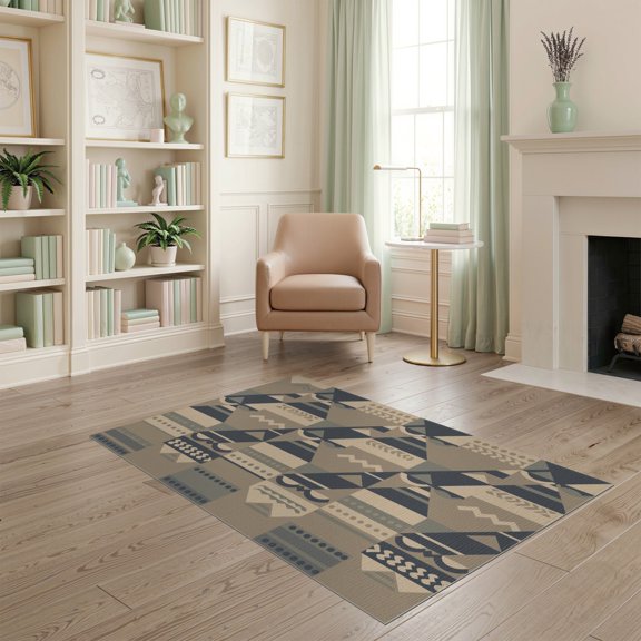 ODIKA 4'x6' Beige Navy Geometric Block Washable Area Rug Contemporary Abstract Motif Design with Dotted Stain Resistant, Low Pile, Easy Care for Dorm Room, Small Living