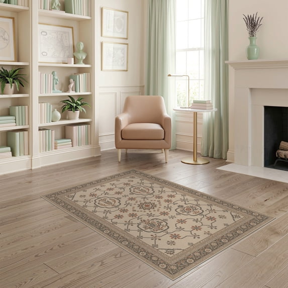ODIKA 4'x6' Beige and Rust Floral Medallion Washable Area Rug Intricate Vintage-Inspired Pattern Design for Home Office, Under Desk, Non-Slip Chair-Friendly, Flatwoven