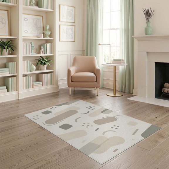 ODIKA 4'x6' Beige Sage Abstract Geometric Contemporary Washable Area Rug Modern Minimalist Scattered Shapes Artistic Pet Friendly, Non-Shedding for Bedroom, Reading Nook