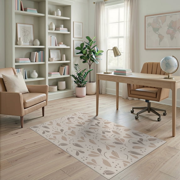 ODIKA 4'x6' Beige Serene Light Natural Botanical Leaf Washable Area Rug Contemporary Scattered Foliage Motifs With Stems And Delicate for Home Office, Under Desk, Non-Slip Chair-Friendly, Flatwoven