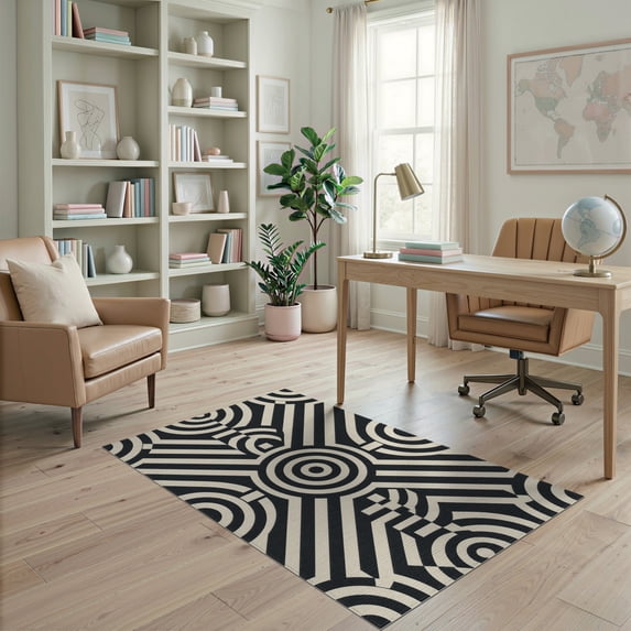 ODIKA 4'x6' Black Geometric Op Art Washable Area Rug Bold Circular With Modern Graphic Appeal Ornamental Pet Friendly, Non-Shedding for Bedroom, Reading Nook