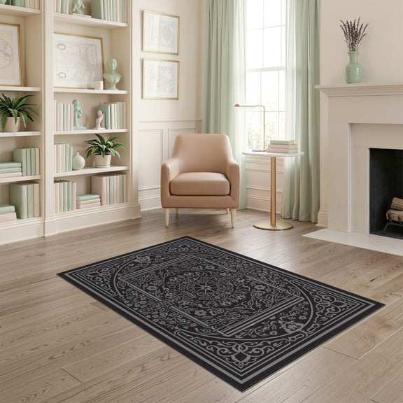 ODIKA 4'x6' Black Gray Ornate Floral Design Washable Area Rug Intricate Medallion and Scrollwork Pattern for Dorm Room, Small Living Stain Resistant Low Profile, Easy Care