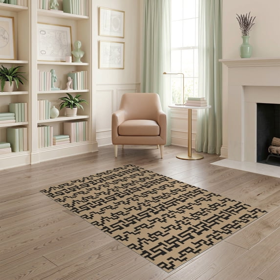 ODIKA 4'x6' Black Ivory Geometric Maze Design Washable Area Rug Intricate Handwoven Pattern with Modern Flair for Home Office, Under Desk, Non-Slip Chair-Friendly, Flatwoven
