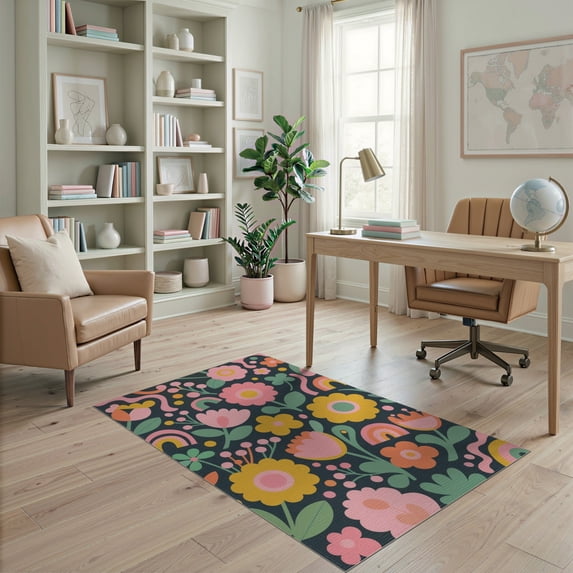 ODIKA 4'x6' Black Pink Vintage Floral Symphony Design Washable Area Rug Elegant Maximalist Patterns with Retro Touch Pet Friendly, Non-Shedding for Bedroom, Reading Nook