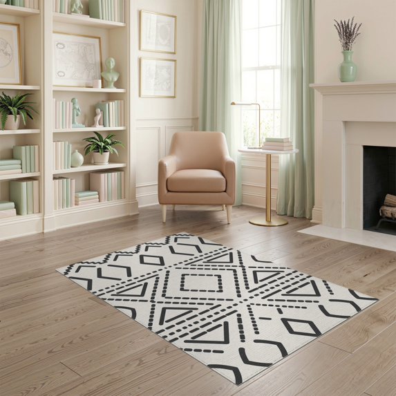 ODIKA 4'x6' Black White Geometric Diamond Washable Area Rug Bohemian Southwestern Aztec Inspired Dotted Line for Dorm Room, Small Living Stain Resistant Low Profile, Easy Care