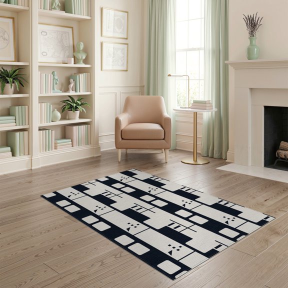 ODIKA 4'x6' Black White Geometric Handwoven Design Washable Area Rug Modern Abstract Pattern with Bold Lines for Bedroom, Reading Nook, Pet Friendly & Non-Shedding