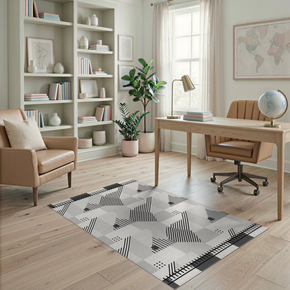 ODIKA 4'x6' Black White Gray Monochrome Geometric Washable Area Rug Modern Abstract Diagonal Lines Dots Blocks Stain Resistant, Low Pile, Easy Care for Dorm Room, Small Living