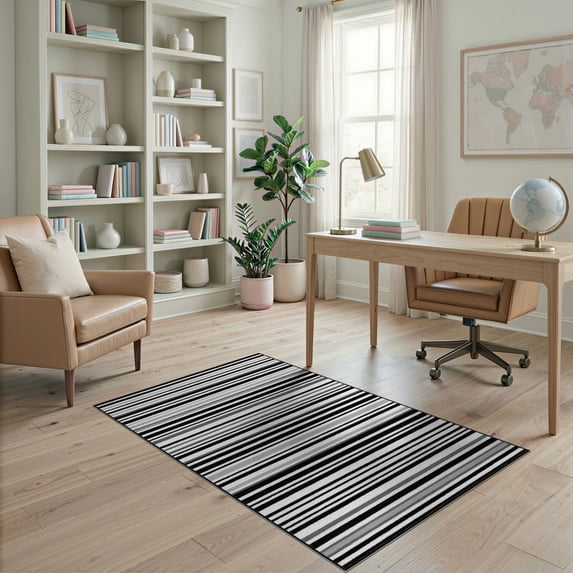 ODIKA 4'x6' Black And White Striped Boho Layering Washable Area Rug Hand Drawn Banded Rows Uneven Brushed Edges Casual Repeat for Bedroom, Reading Nook, Pet Friendly & Non-Shedding