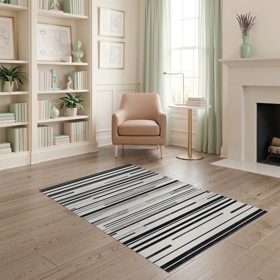 ODIKA 4'x6' Black And White Striped Boho Welcome Washable Area Rug Varied Band Widths Modern Repeat Casual Relaxed Motif for Home Office, Under Desk, Non-Slip Chair-Friendly, Flatwoven