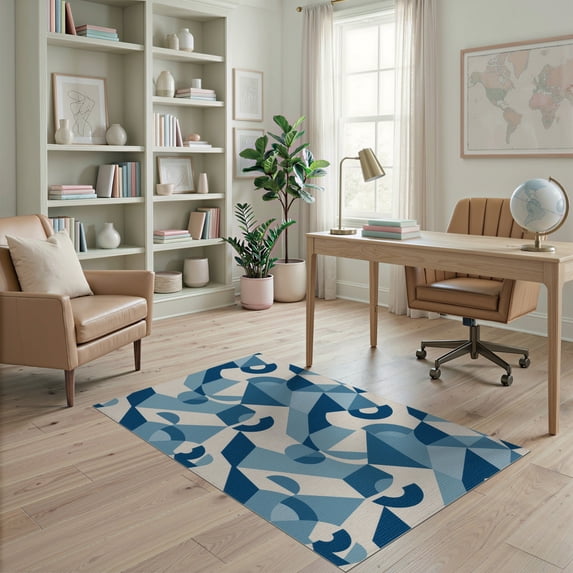 ODIKA 4'x6' Blue Abstract Geometric Contemporary Washable Area Rug Modern Overlapping Shapes Interlocking Forms Mid Century Style Artistic Pet Friendly, Non-Shedding for Bedroom, Reading Nook