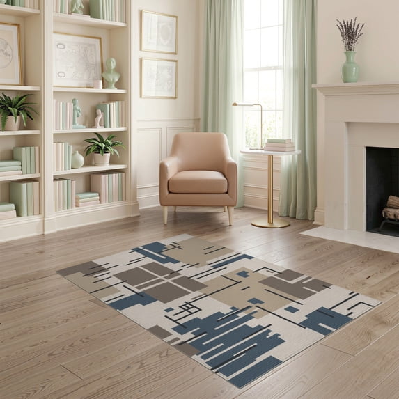 ODIKA 4'x6' Blue Beige Geometric Spirit Design Washable Area Rug Modern Abstract Pattern with Accents Non-Slip, Chair-Friendly, Flatwoven for Home Office, Under Desk