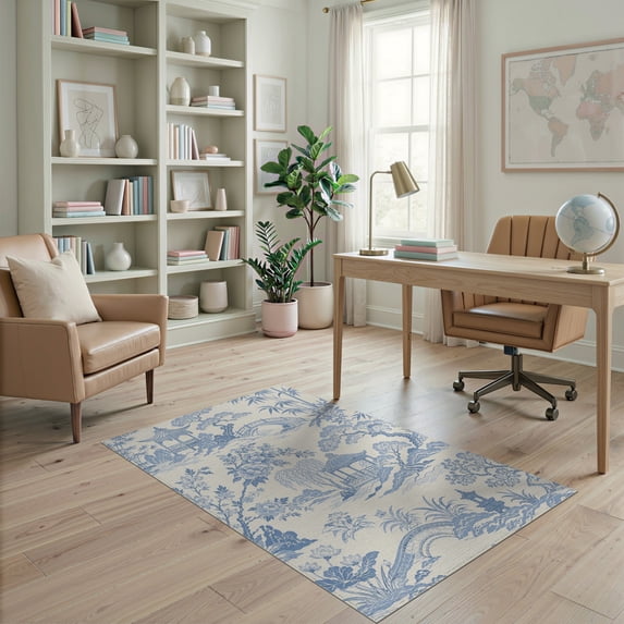 ODIKA 4'x6' Blue Chinoiserie Toile Design Elegant Washable Area Rug Traditional Asian Scenic Gardens and Pagodas Pet Friendly, Non-Shedding for Bedroom, Reading Nook
