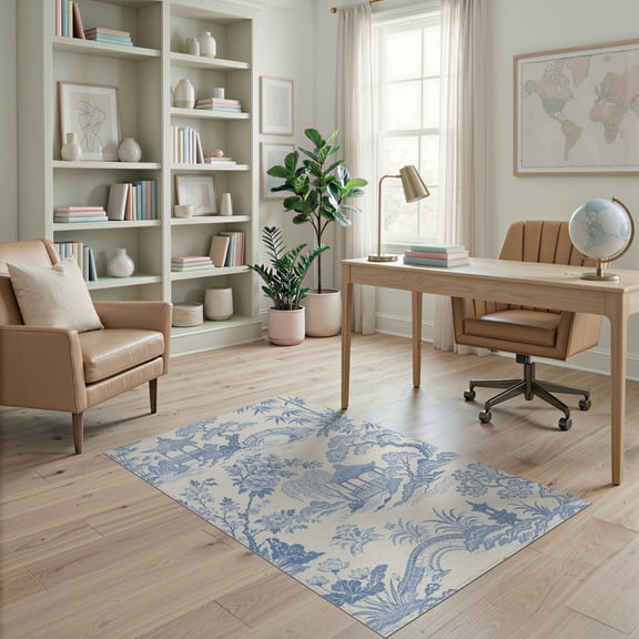 ODIKA 4'x6' Blue Chinoiserie Toile Design Elegant Washable Area Rug Traditional Asian Scenic Gardens and Pagodas Pet Friendly, Non-Shedding for Bedroom, Reading Nook