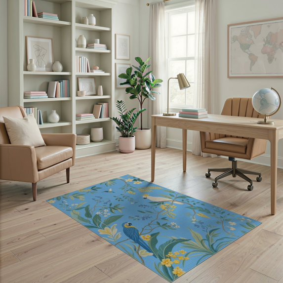 ODIKA 4'x6' Blue Cobalt Tropical Aviary and Flora Washable Area Rug Elegant Botanicals with Exotic Birds Illustration for Home Office, Under Desk, Non-Slip Chair-Friendly, Flatwoven