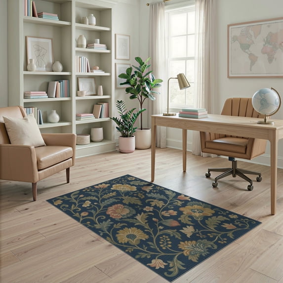 ODIKA 4'x6' Blue Deep Vintage Floral Elegance Washable Area Rug Intricate Botanical Pattern with Classic Charm for Home Office, Under Desk, Non-Slip Chair-Friendly, Flatwoven