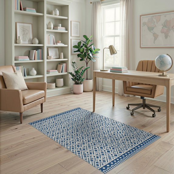 ODIKA 4'x6' Blue Denim Geometric Design Washable Area Rug Handwoven Indoor/Outdoor Pattern Accent for Dorm Room, Small Living Stain Resistant Low Profile, Easy Care