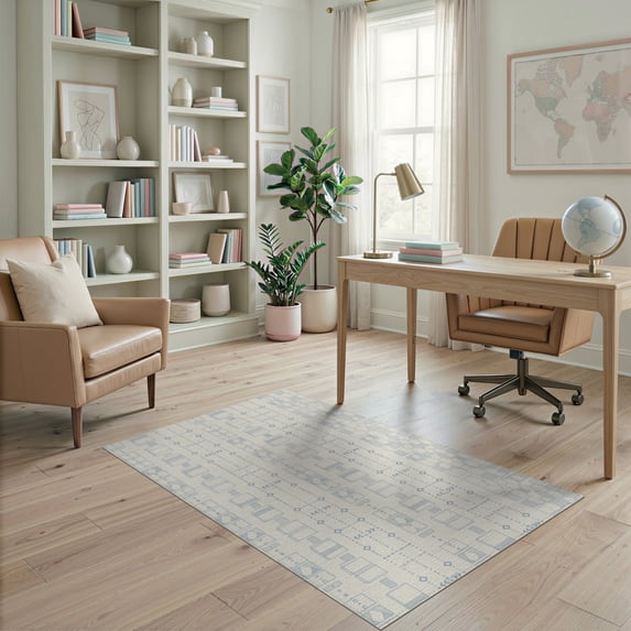 ODIKA 4'x6' Blue Geometric Farmhouse Design Washable Area Rug Intricate Modern Patterns with Stripes for Dorm Room, Small Living Stain Resistant Low Profile, Easy Care