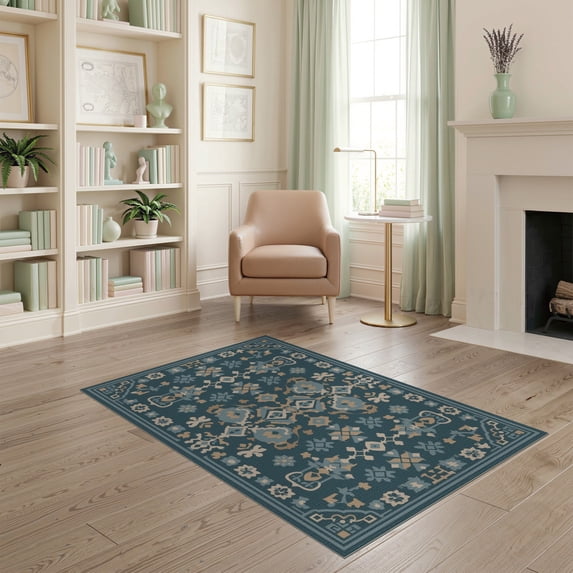 ODIKA 4'x6' Blue Geometric Floral Elegance Washable Area Rug Intricate Lagoon Inspired Motif Design for Dorm Room, Small Living Stain Resistant Low Profile, Easy Care