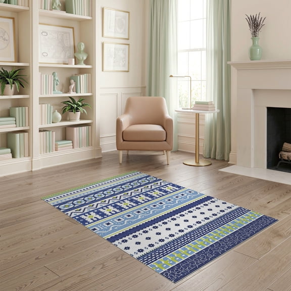 ODIKA 4'x6' Blue Green Nordic Cross Stitch Geometric Washable Area Rug Traditional Scandinavian Folk Art Embroidery for Home Office, Under Desk, Non-Slip Chair-Friendly, Flatwoven